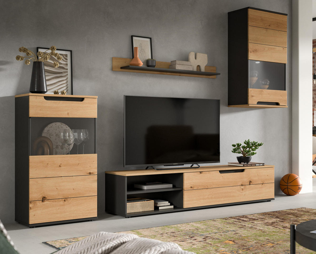 WOHNWAND Eiche Artisan, grau 4-teilig 246 cm, Schrankwand mit Soft-Close - Schwarz/Eiche Artisan, Glas/Holz (246/182/37cm) - Inn.Furn