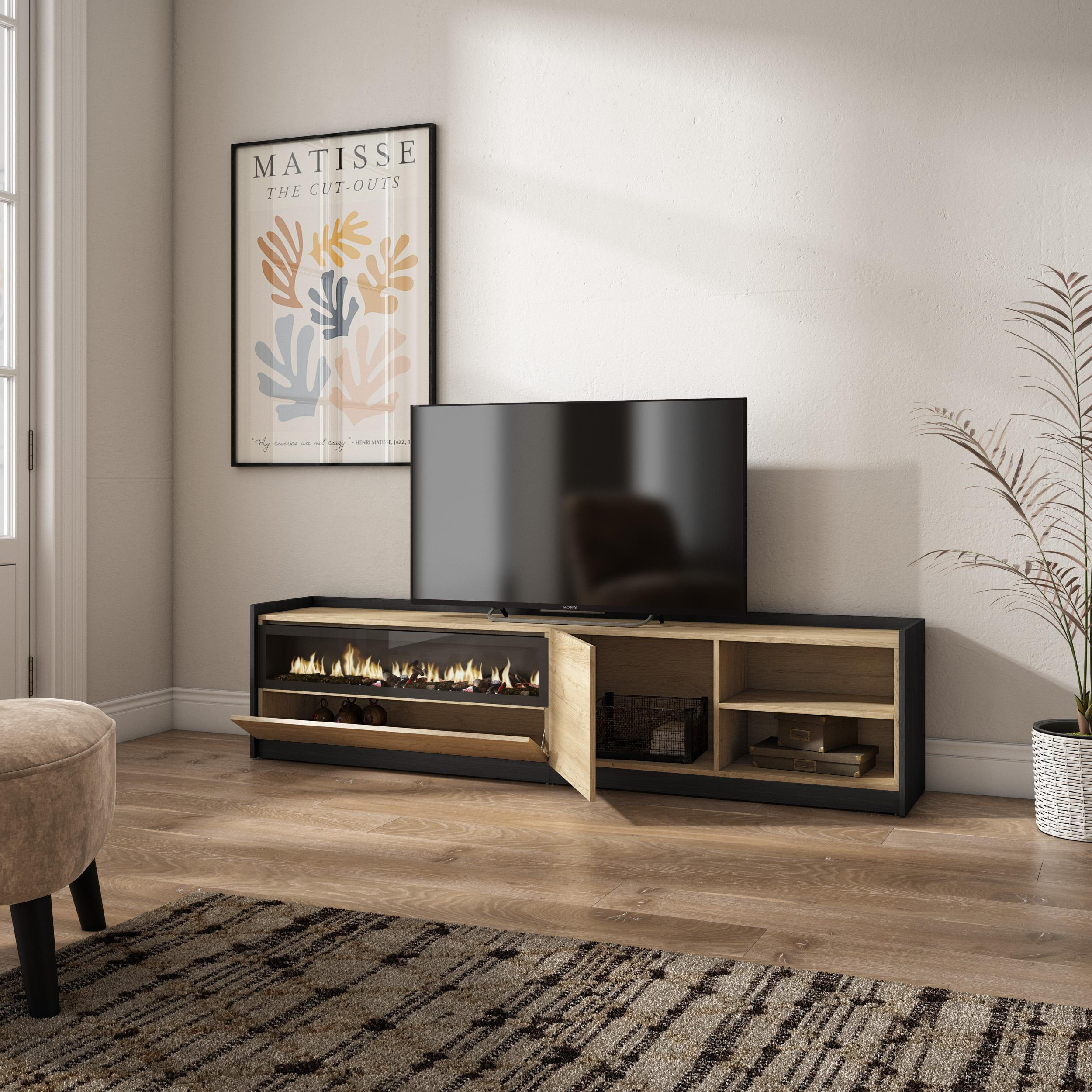 TV-SCHRANK, Lowboard, Eiche Schwarz, Elektrokamin, 207/37/50cm - Eichefarben, Holzwerkstoff (207/50/37cm) - Skraut Home