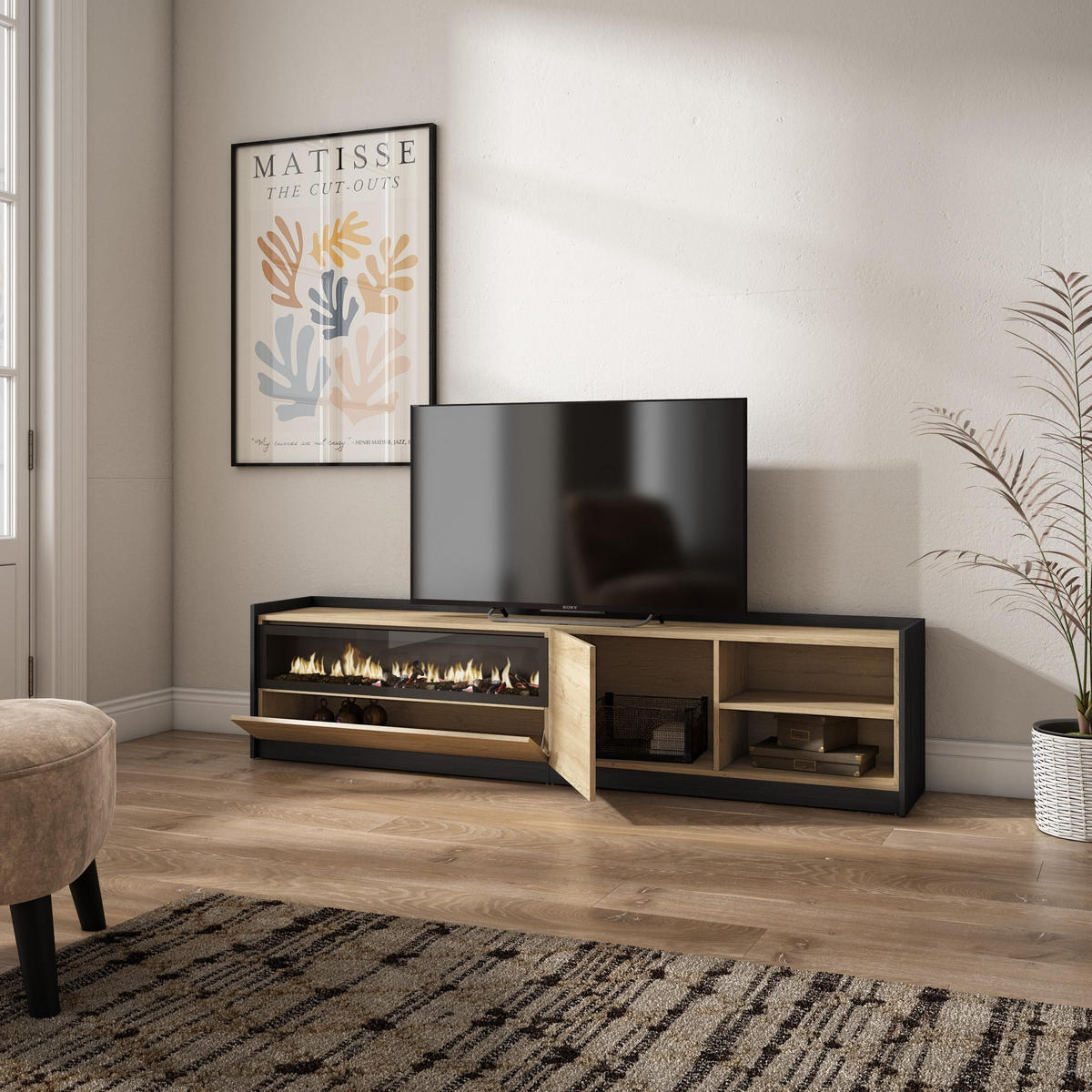 TV-SCHRANK, Lowboard, Eiche Schwarz, Elektrokamin, 207/37/50cm - Eichefarben, Holzwerkstoff (207/50/37cm) - Skraut Home