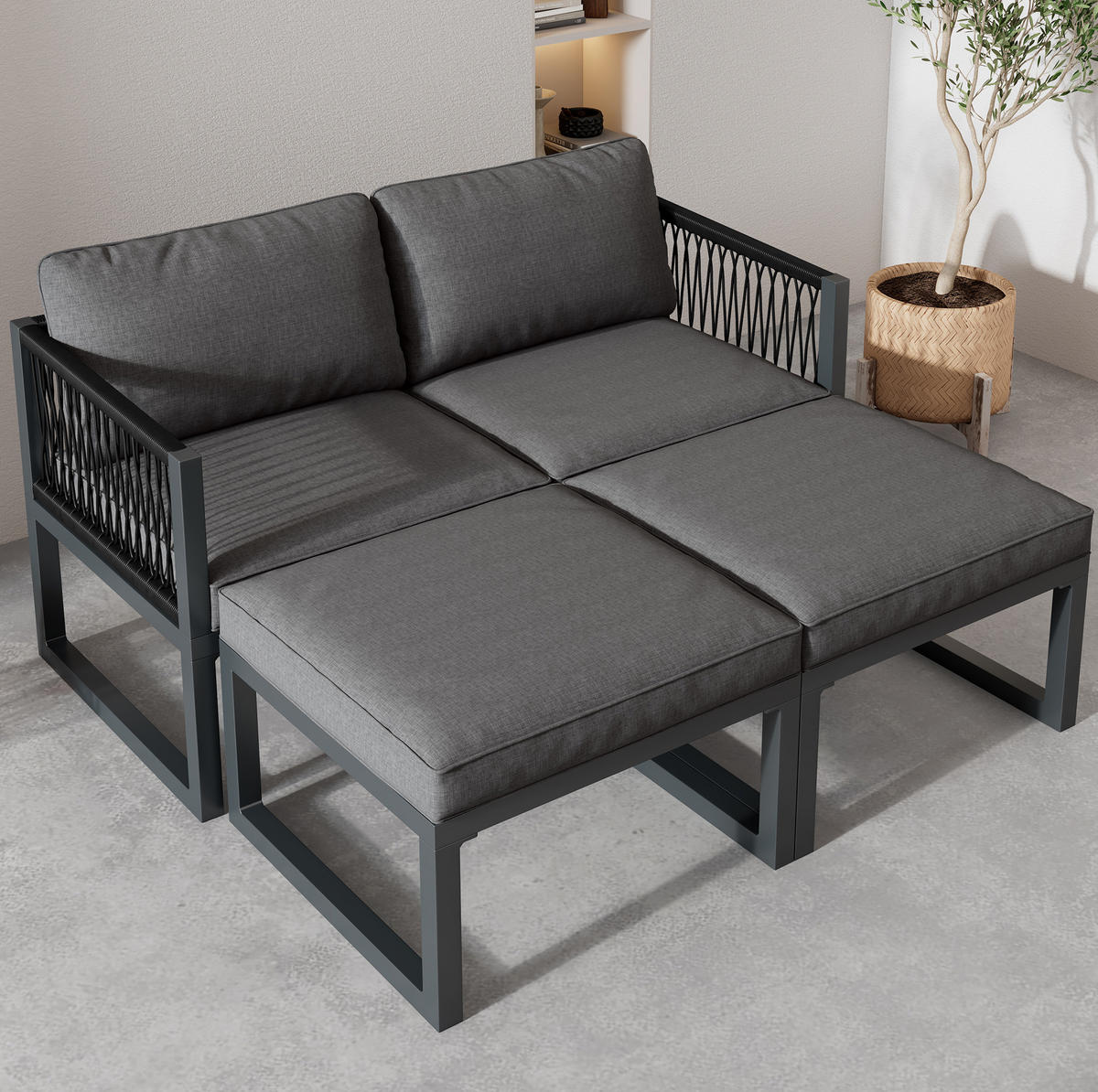 GARTENLOUNGE-SET 66/60/64 cm mit 2 Sesseln, 2 Hockern, höhenverstellbarem Tischhocker und flexiblen Kombinationen, Grau - Grau, Metall - Redom