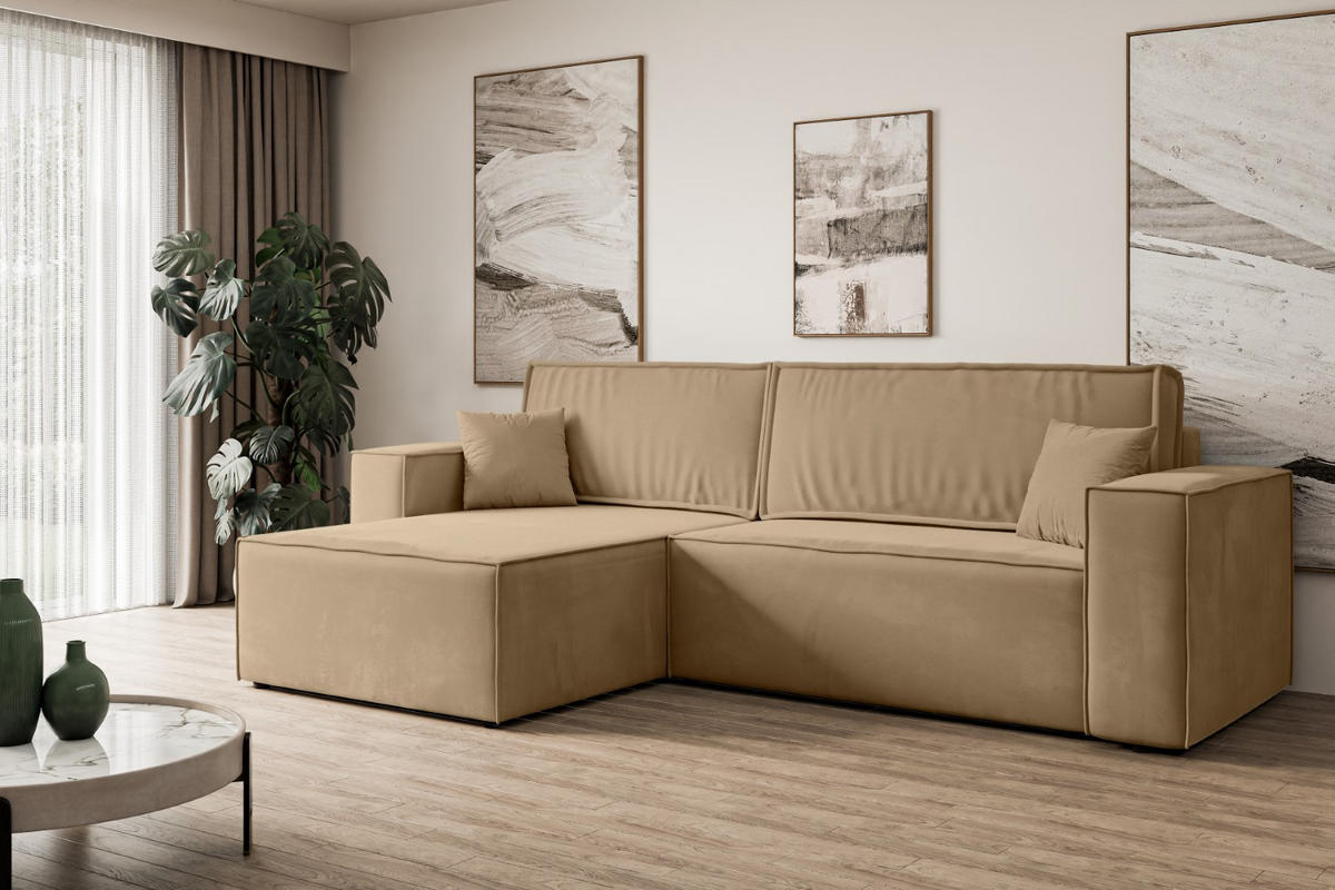 ECKSOFA mit Schlaffunktion und Bettkasten CELTIC-XL - 277x143x83 cm Beige Velours - Hellbraun/Beige, Holzwerkstoff/Kunststoff (277/143cm) - ALTDECOR
