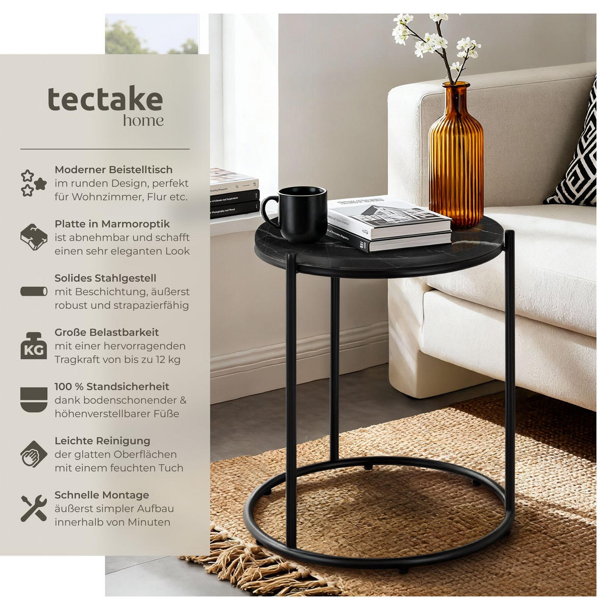 BEISTELLTISCH Ellsa, 43 x 43 x 50,5 cm, schwarz/schwarz - Schwarz, Kunststoff (43/43/50.5cm) - tectake