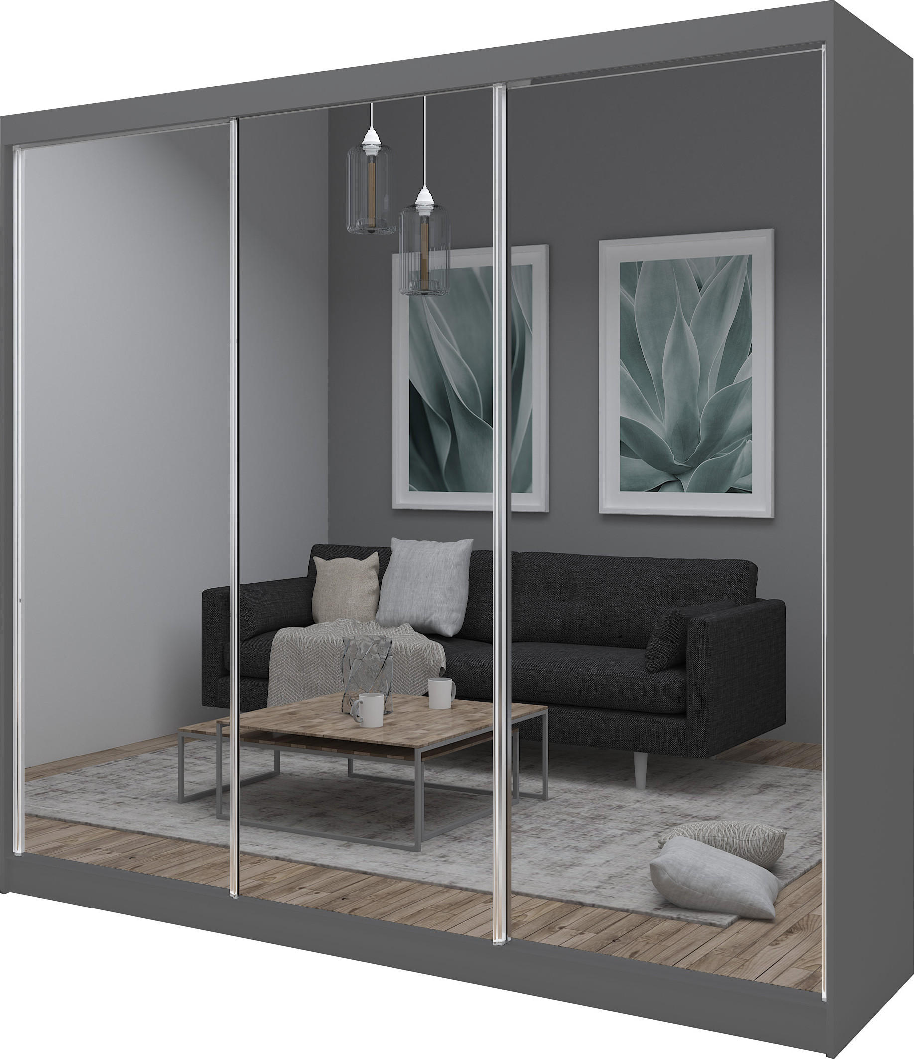 SCHWEBETÜRENSCHRANK Darix 240 cm mit Spiegel, 3-türig, grau - Grau, Kunststoff (240/216/61cm) - Margaret Hadas24