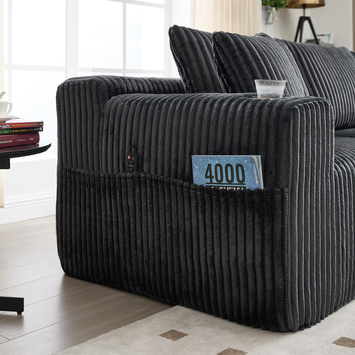 ECKSOFA Cord Grau mit Kissen, Getränkehalter und Seitentaschen - Grau, Textil (257/160cm) - WISHDOR