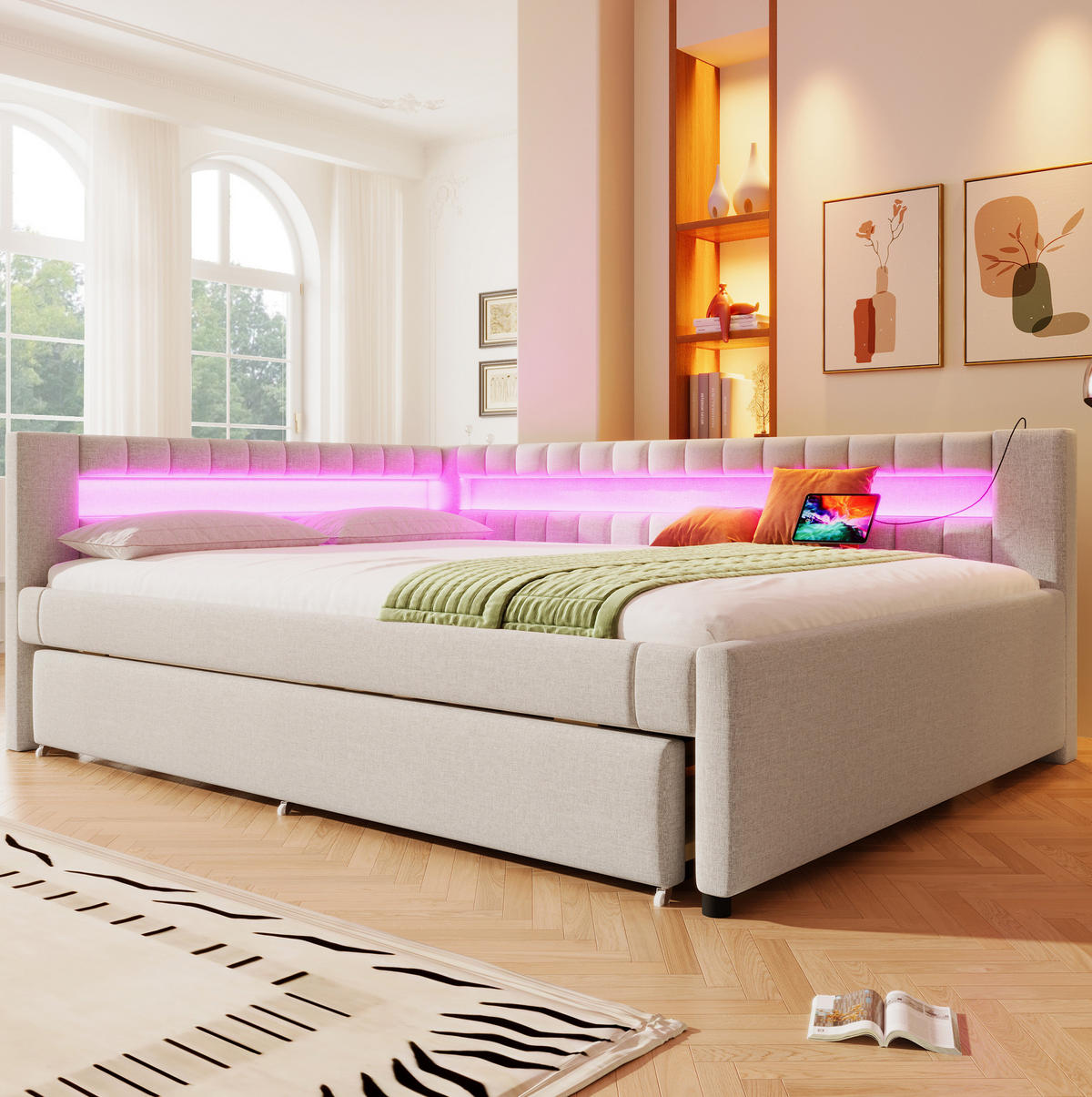 POLSTERBETT 140/200 cm Beige mit Ausziehbett mit LED-Beleuchtung mit USB- und Type-C-Anschlüssen - Beige, Textil (140/200cm) - OKWISH