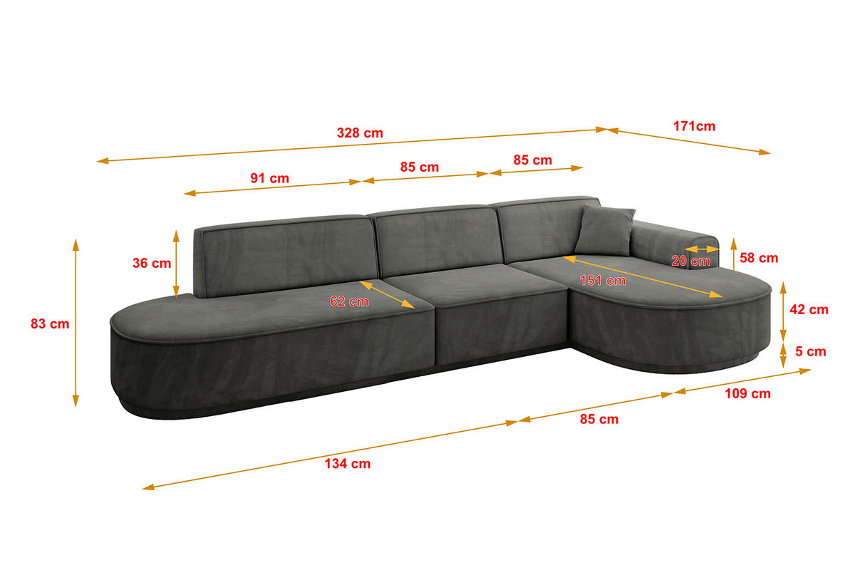ECKSOFA Ottomane Rechts MARI-L2-v3 - 328x171x83 cm Dunkelgrau Velours - Dunkelgrau/Schwarz, Holzwerkstoff/Kunststoff (171/328cm) - ALTDECOR