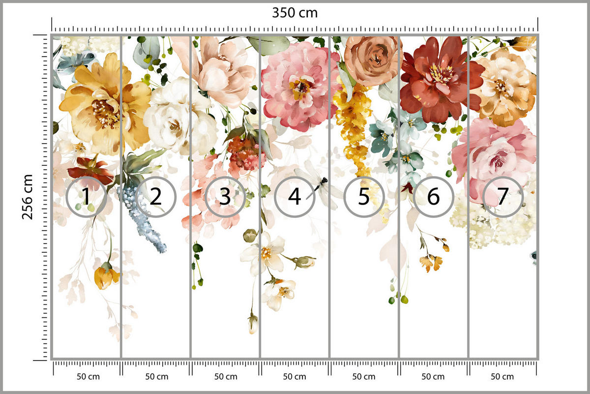 FOTOTAPETE für Schlafzimmer Aquarell Bunte Blumen Ranken Blätter 350x256 - Gelb/Rot, Papier (350/256cm) - Muralo
