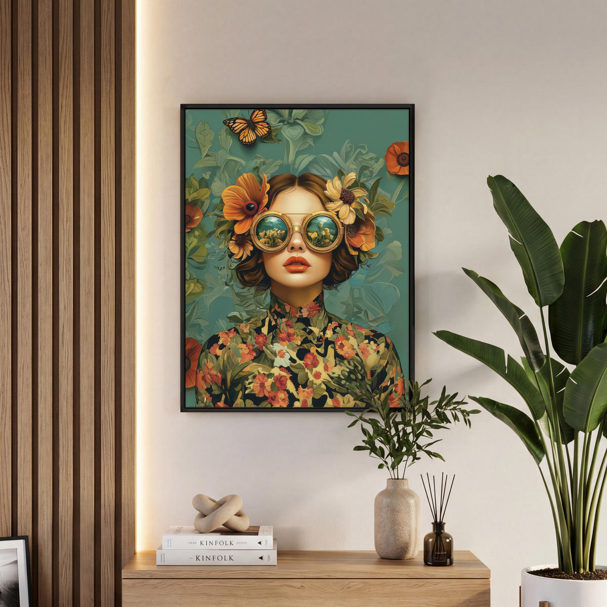 LEINWAND Bilder mit Rahmen - Frau - Blumen - Schmetterlinge - Natur - Vintage - 60x80 - Salbeigrün, Textil (60/80cm) - MuchoWow