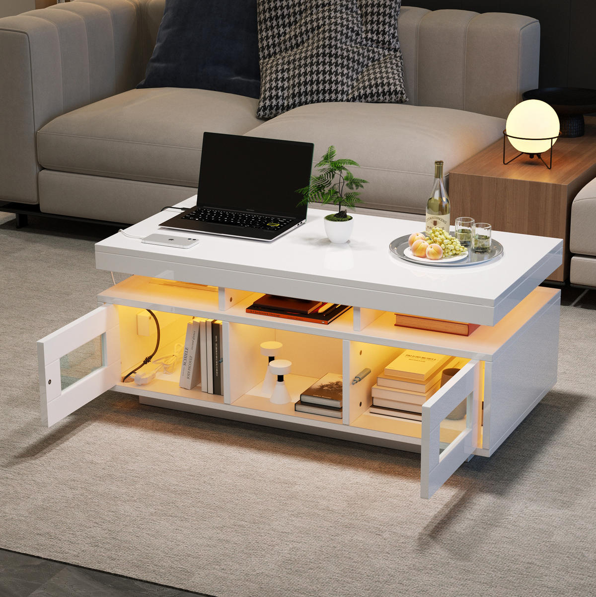 COUCHTISCH 100/50 cm mit LED-Beleuchtung und Ladeanschlüssen in Weiß - Weiß, Holzwerkstoff (100/50/43cm) - BEAOK