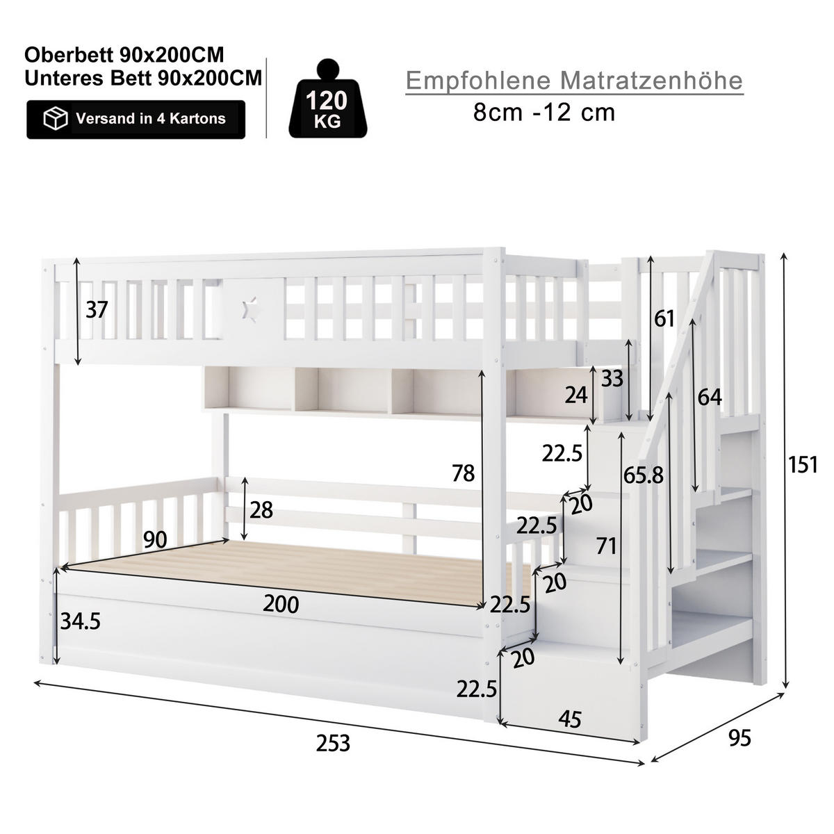 ETAGENBETTEN 90 x 200 cm, Holz,hydraulische Basis, Weiß - Weiß, Holz (90/200cm) - KOMHTOM