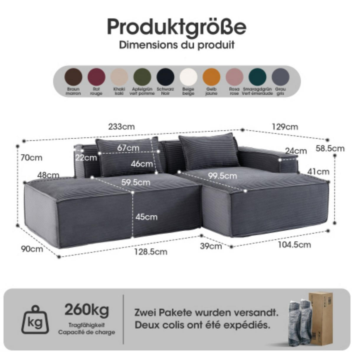 ECKSCHLAFSOFA L-/U-/2-er Sofa mit Schlaffunktion,Modulsofa,Cord,Grau - Grau, Textil (129/233cm) - LVHOM
