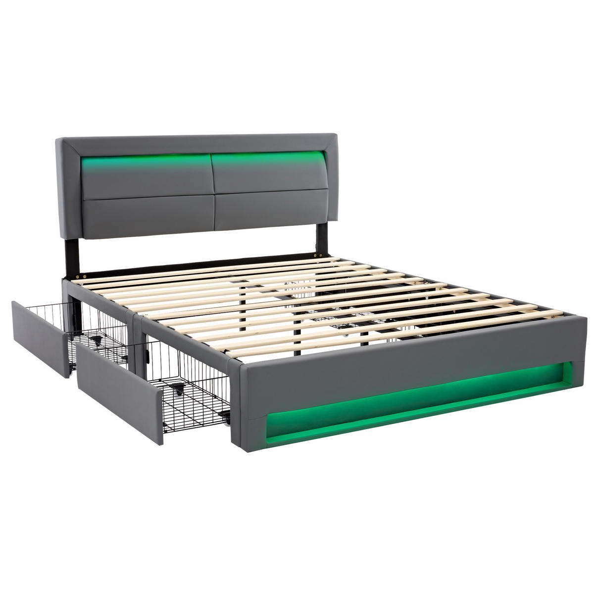 POLSTERBETT aus PU 140x190 cm Grau mit LED-Beleuchtung, USB-Anschluss, kabellosem Laden und 4 Schubladen - Grau, Kunststoff (140/190cm) - Modfu