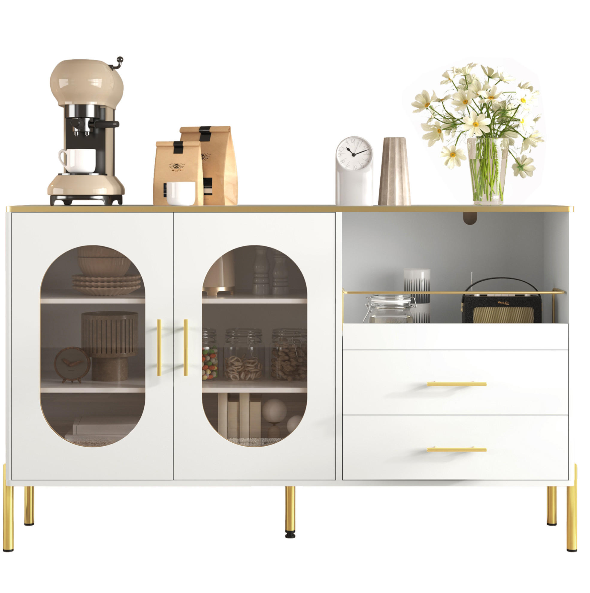 Modfu KOMODA z MDF 140x38x90 cm bílá se 2 zásuvkami, 2 skleněnými dvířky a kabelovými průchodkami