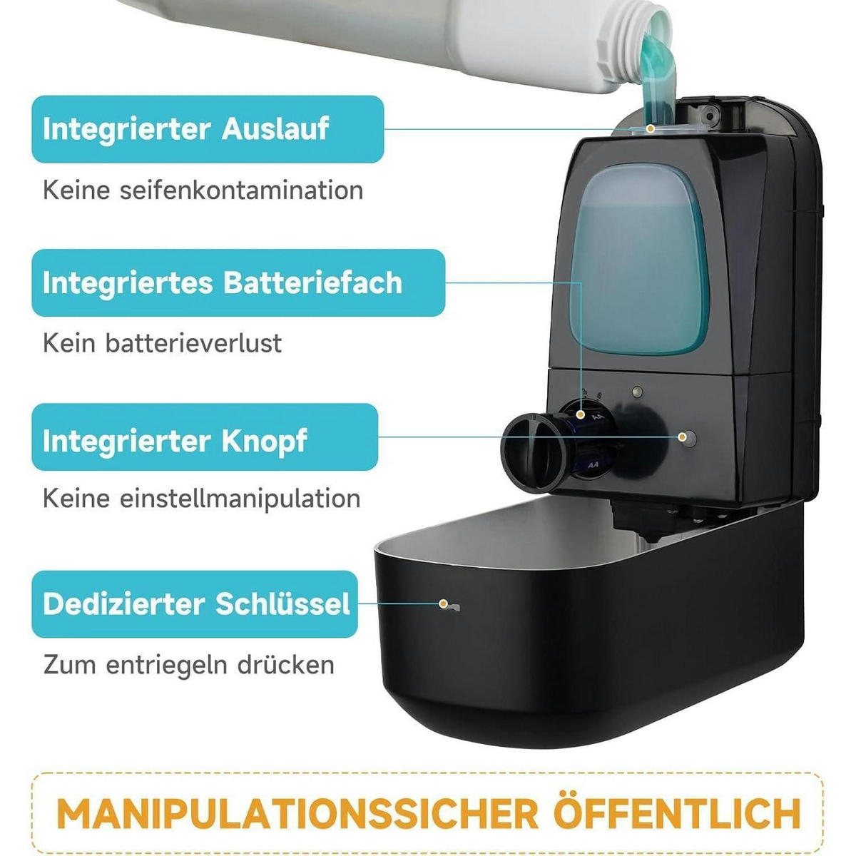 SEIFENSPENDER Wandmontiert 1000 ml Schwarz Manipulationssicher - Schwarz, Kunststoff (14.9/11.2/25.7cm)
