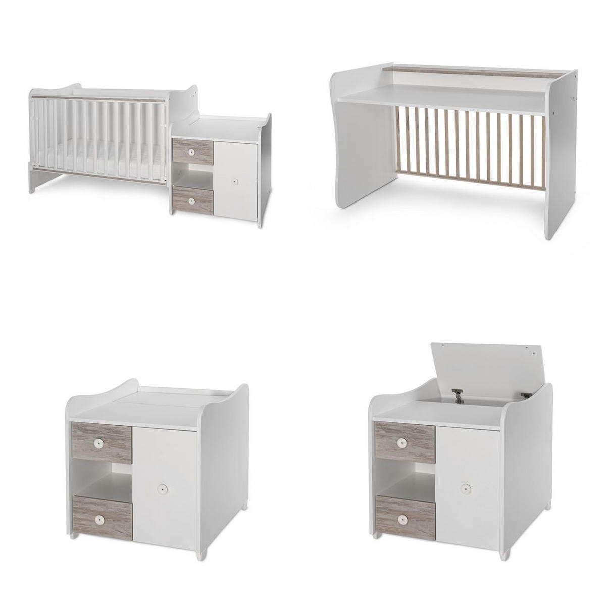 BABYBETT Mini Max 3 in 1 weiß grau 120 x 60 cm, Jugendbett 190 x 72 cm, Wickelkommode, Schaukelfunktion - Grau, Holzwerkstoff (72/190cm) - Lorelli