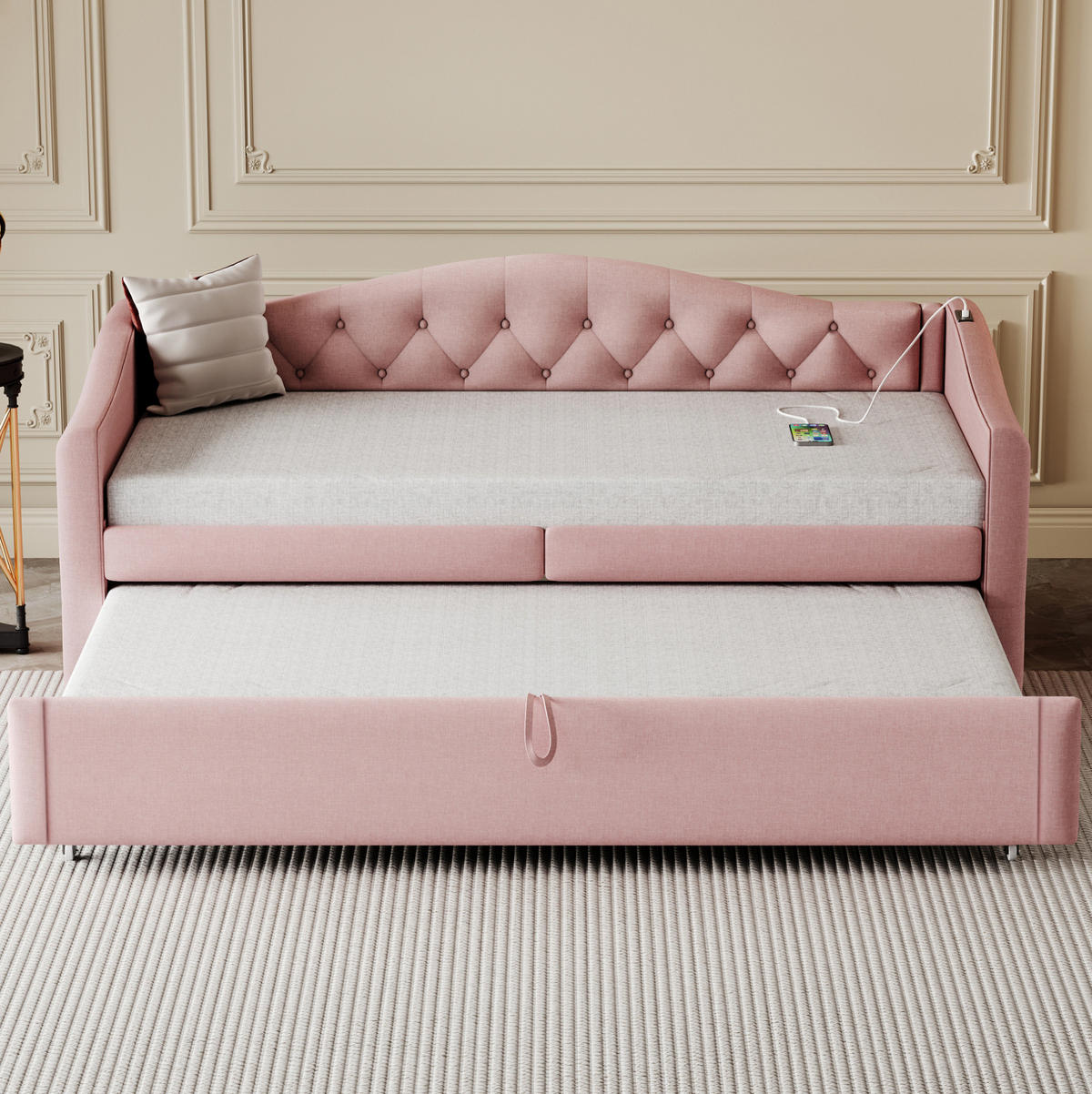 POLSTERBETT 90/200 cm mit USB-Anschluss und Lattenrost in Rosa - Pink, Textil (90/200cm) - BEAOK