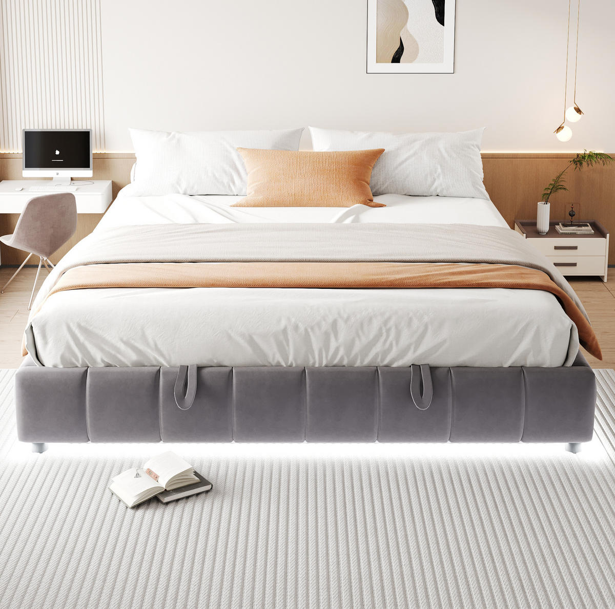 POLSTERBETT aus Samt 180x200 cm Grau ohne Kopfteil mit LED-Beleuchtung und hydraulischem Stauraum - Grau, Textil (180/200cm) - IVMEU