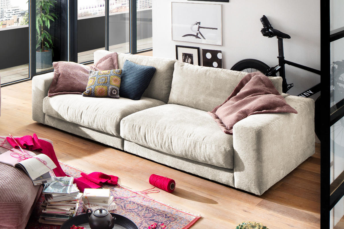 SOFA 3-SITZER MADELINE Cremeweiß Cord - Creme/Schwarz, Textil (290/85/127cm) - KAWOLA