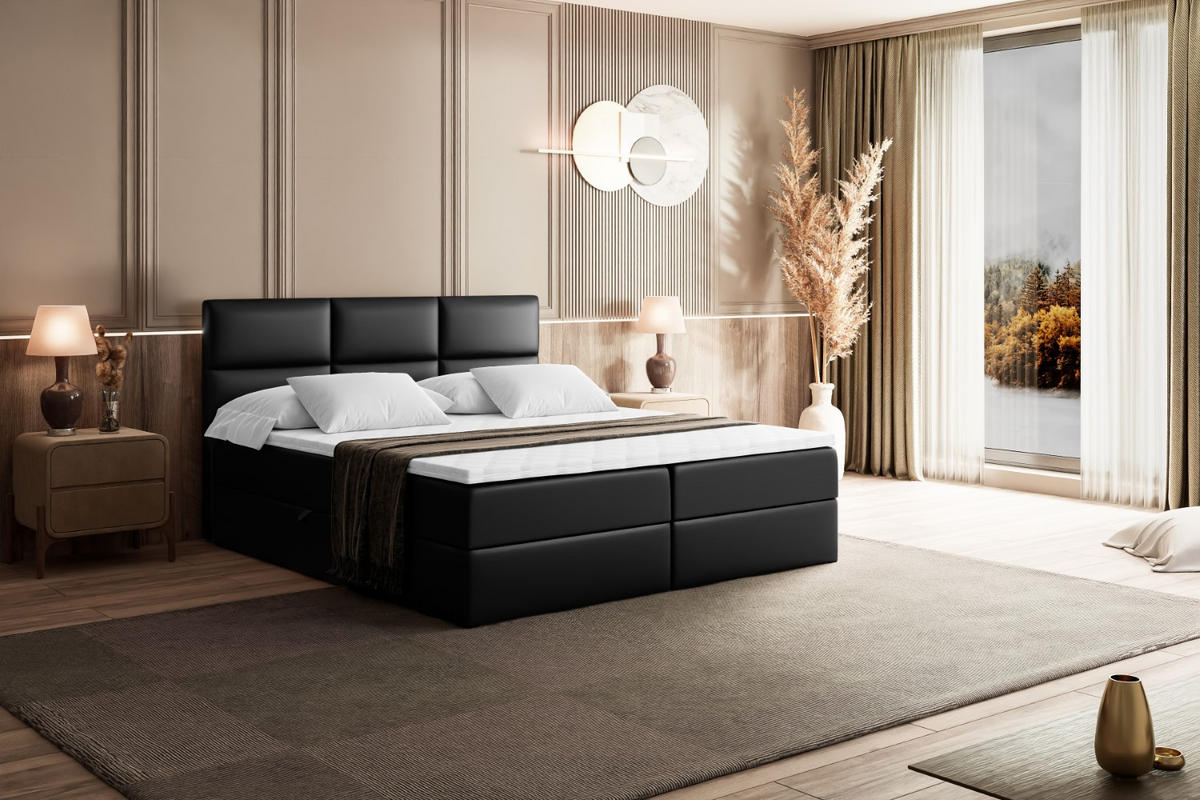 BOXBETT mit Matratze H4 und Lattenrost - OHIO - 160x200 cm - H4 - Schwarz Hochglanz - Schwarz Hochglanz, Holzwerkstoff (160/200cm) - ALTDECOR