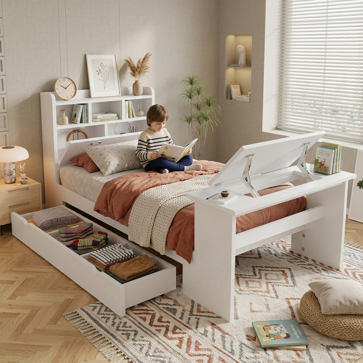JUGENDBETT 90/200 cm in Weiß mit Stauraum, Kopfteilregal und Klapptisch aus Holz - Weiß, Holzwerkstoff - STILVORA