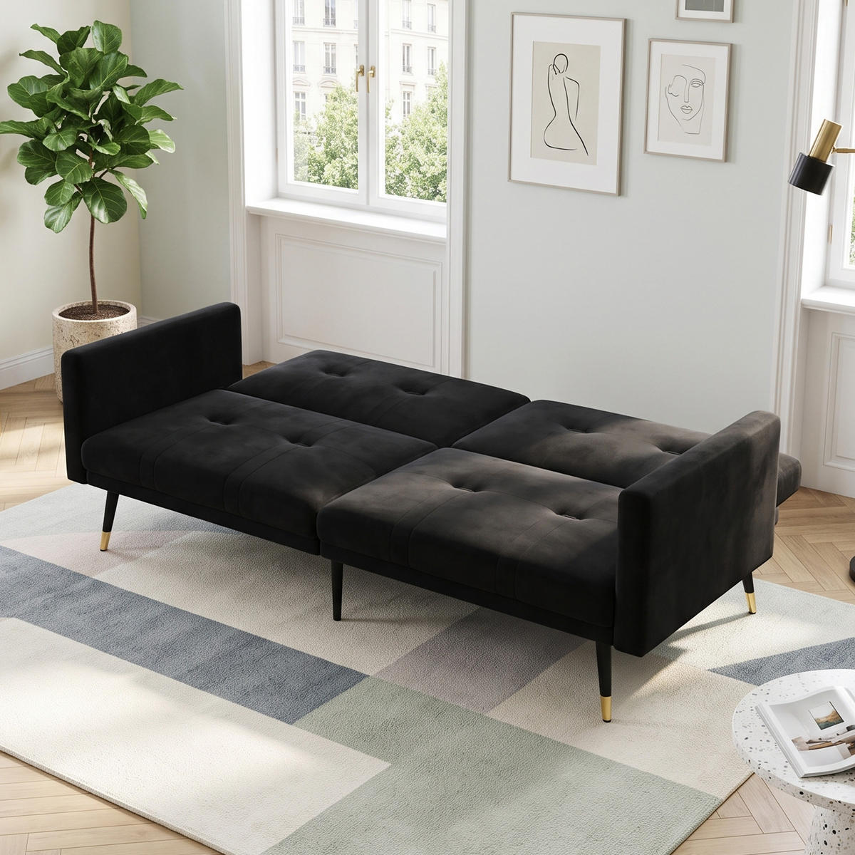 BÄDDSOFFA 2-sits sammet fällbar med gästsängsfunktion - Svart, Textil (164/70/89cm) - Urban Meuble