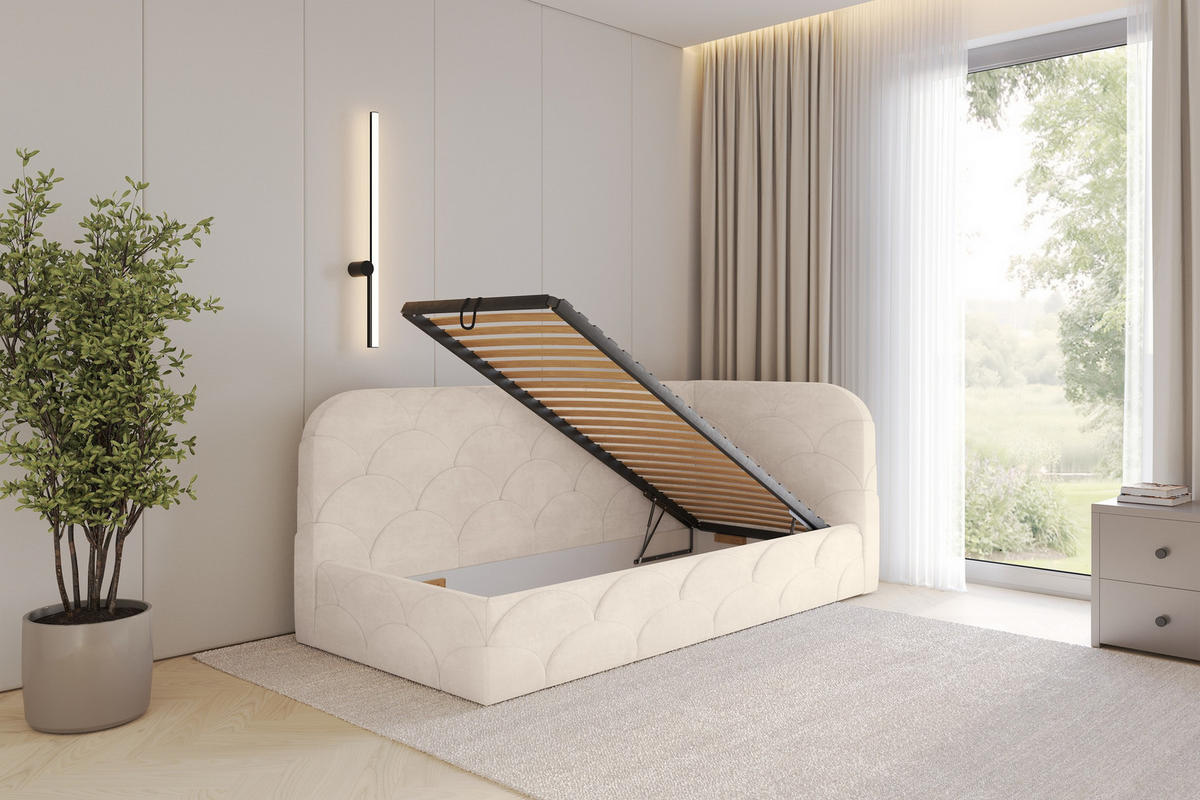 EINZELLBETT Jugendbett mit Bettkasten und Matratze H3/H4, Links - ELRY 90x200 Beige - Beige, Holzwerkstoff/Textil (90/200cm) - ALTDECOR