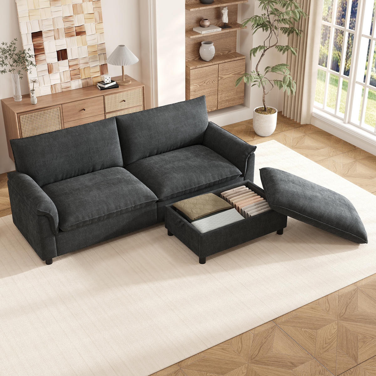 SOFA 216/77/82 cm Schwarz aus Chenille mit Fußhocker und Stauraum - Schwarz, Textil (77/82/216cm) - OKMYHOME