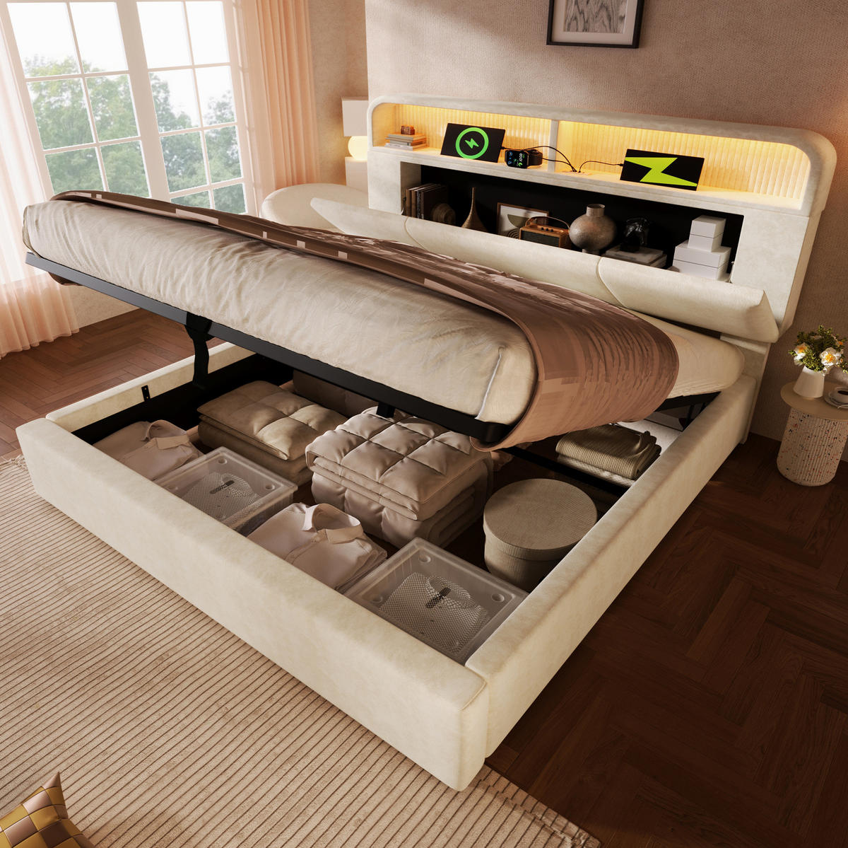 POLSTERBETT 180/200 cm in Beige mit Stauraum, LED-Beleuchtung und USB/Type-C - Beige, Textil (180/200cm) - Flora Grace