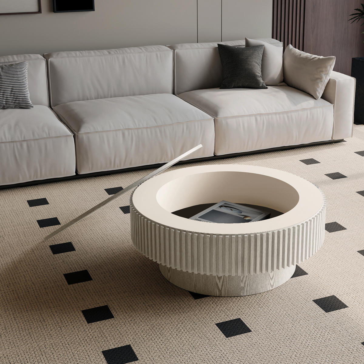 COUCHTISCH DE-37318 rund mit verstecktem Stauraum und Rillendesign Retro-Weiß - Weiß, Holzwerkstoff (75/75/35cm) - ComfortXL