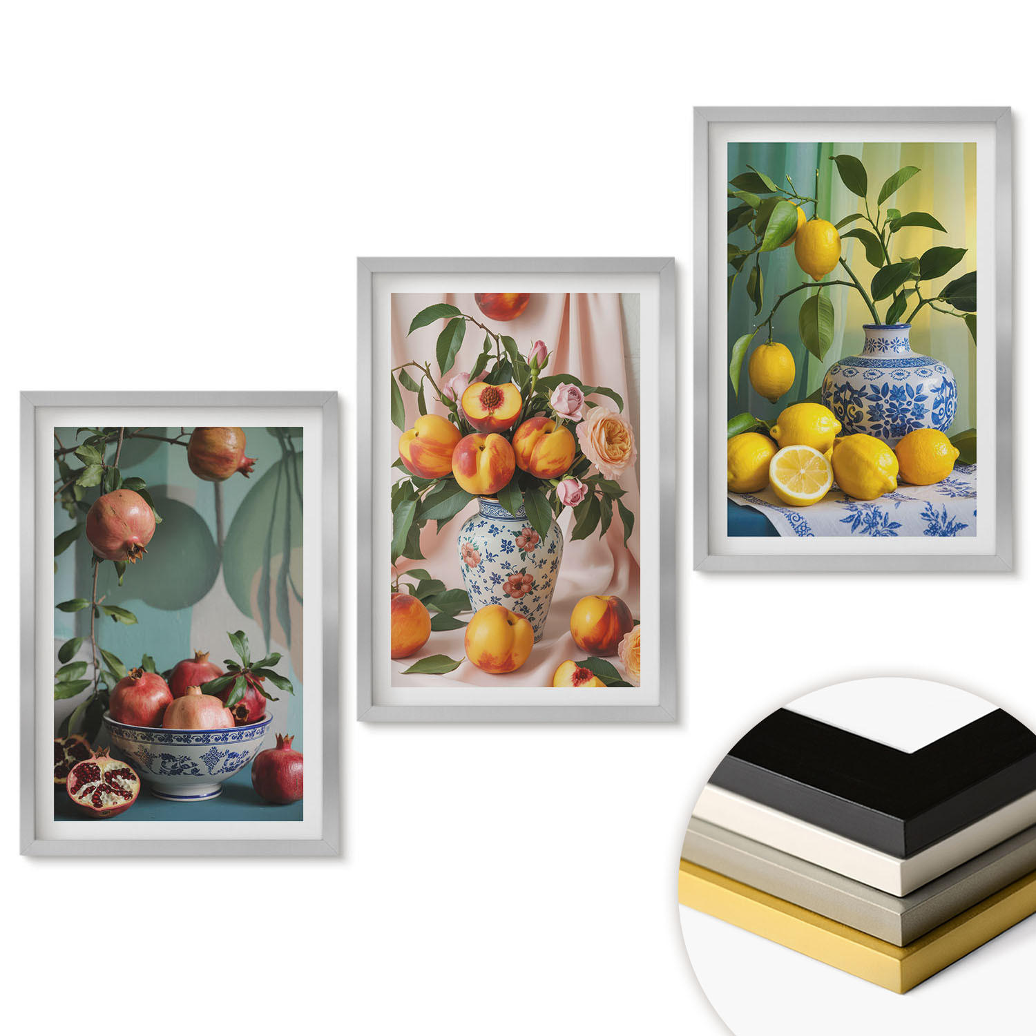 WANDBILDER 3er Set - 40x60 cm Silberner Rahmen - Granatäpfel, Pfirsiche, Zitronen - Silberfarben, Kunststoff (40/60cm) - ArtPrintCave
