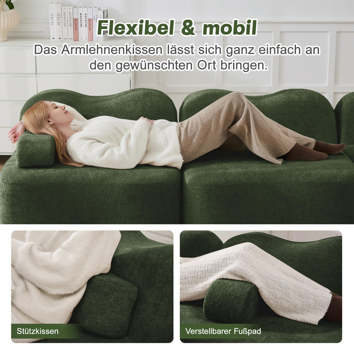 2-SITZER SOF Samt Grün mit 2 Hockern - Grün, Textil (192/70/167cm) - WISHDOR