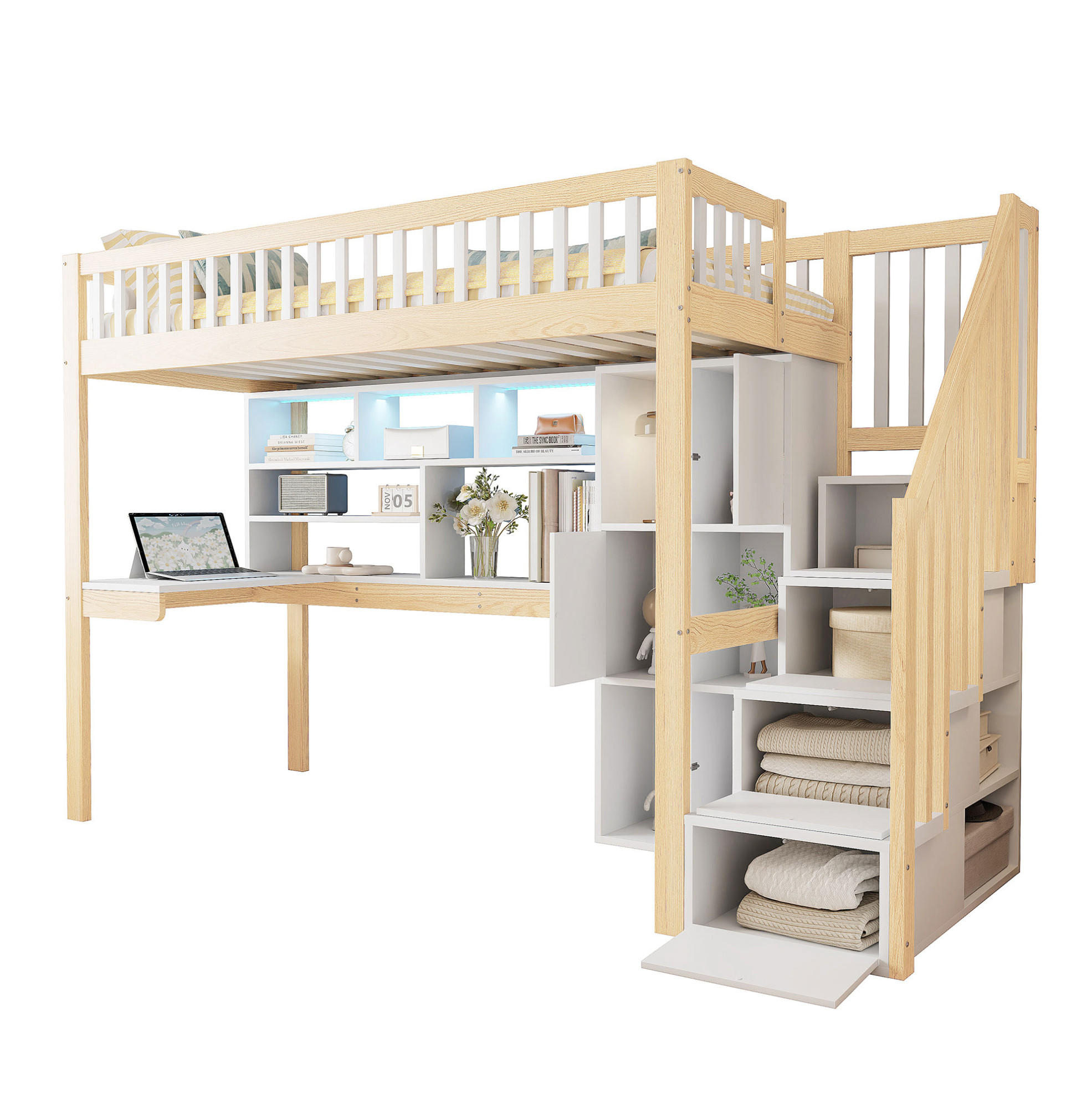 HOCHBETT 90/200 cm aus Kiefer und MDF mit LED, Stauraumleiter und Schreibtisch Weiß/Natur - Naturfarben, Holz (90/200cm) - Modenvie