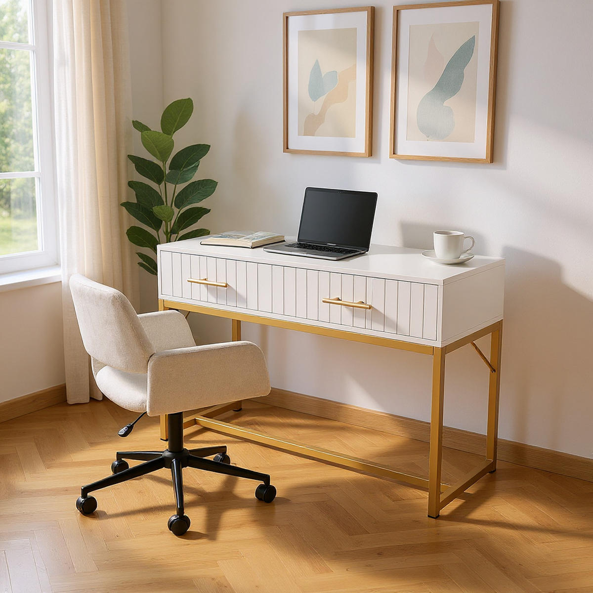 SCHREIBTISCH SET Schreibtisch mit 2 Schubladen Weiß & Gold - Weiß, Holzwerkstoff (45/100/75cm) - Urban Meuble