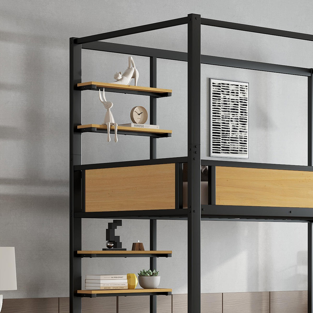 ETAGENBETT 90/200 cm & 90/200 cm in Schwarz & Natur mit Schubladen, Stauraum und Ablagen - Schwarz, Holzwerkstoff/Metall (90/200cm) - STILVORA