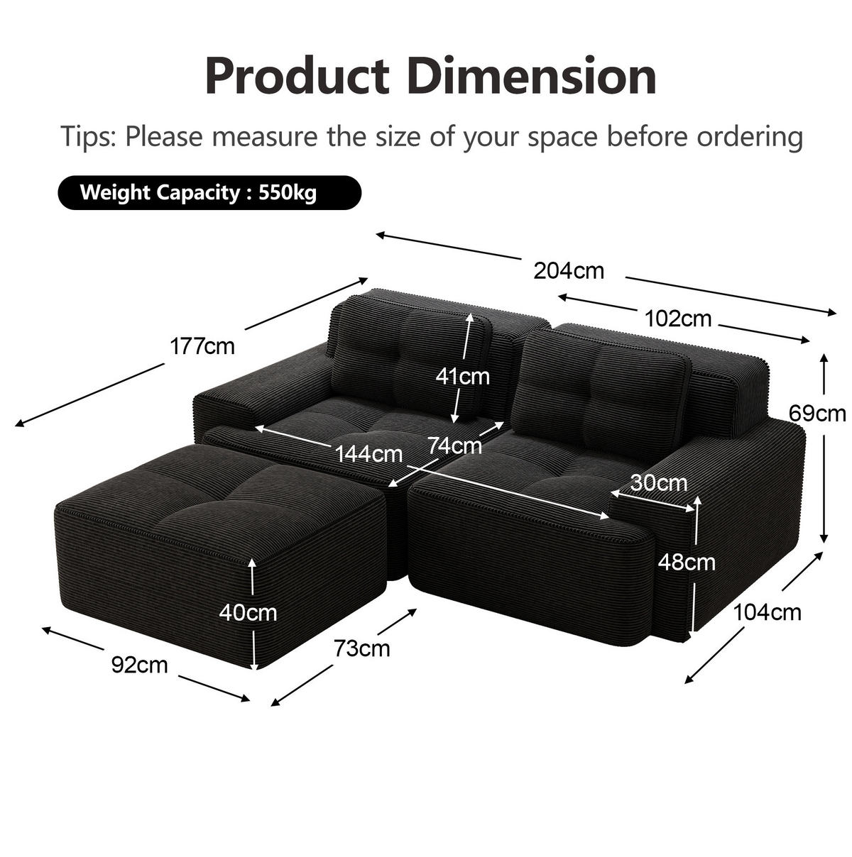 ECKSOFA boneless mit Tiefsitz, geschwungener Rückenlehne und flexiblem Aufbau, Schwarz - Schwarz, Textil (204/177cm) - Redom