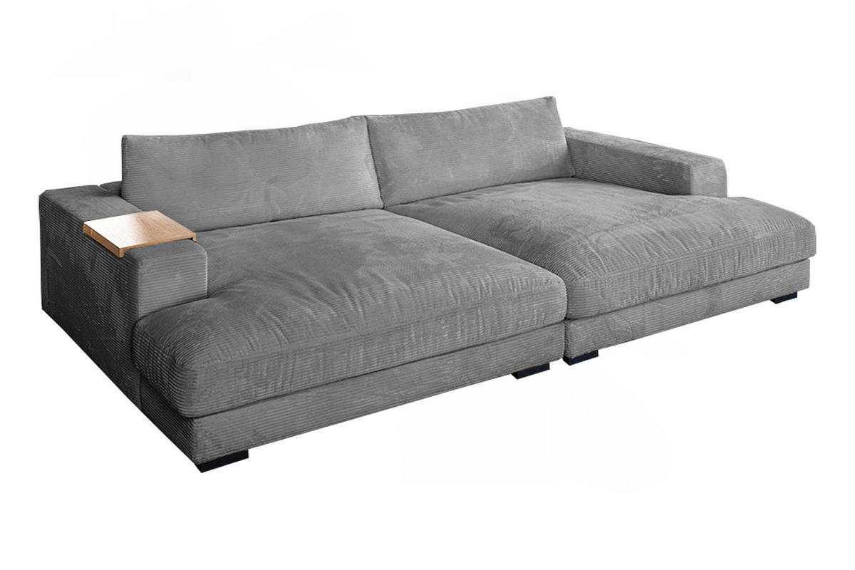 BIG SOFA XL MIT TABLETT NATUR MADELINE Grau Cord - Schwarz/Grau, Kunststoff/Textil (290/85/190cm) - KAWOLA