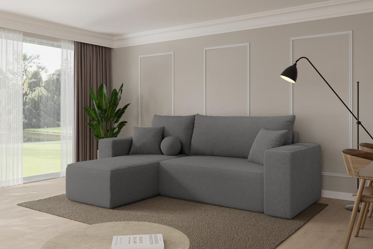 ROHOVÁ SEDAČKA s funkcí spaní, otoman vlevo SENO-L 249x139x85 šedá bouclé - šedá/černá, kompozitní dřevo/textil (249/139cm) - ALTDECOR