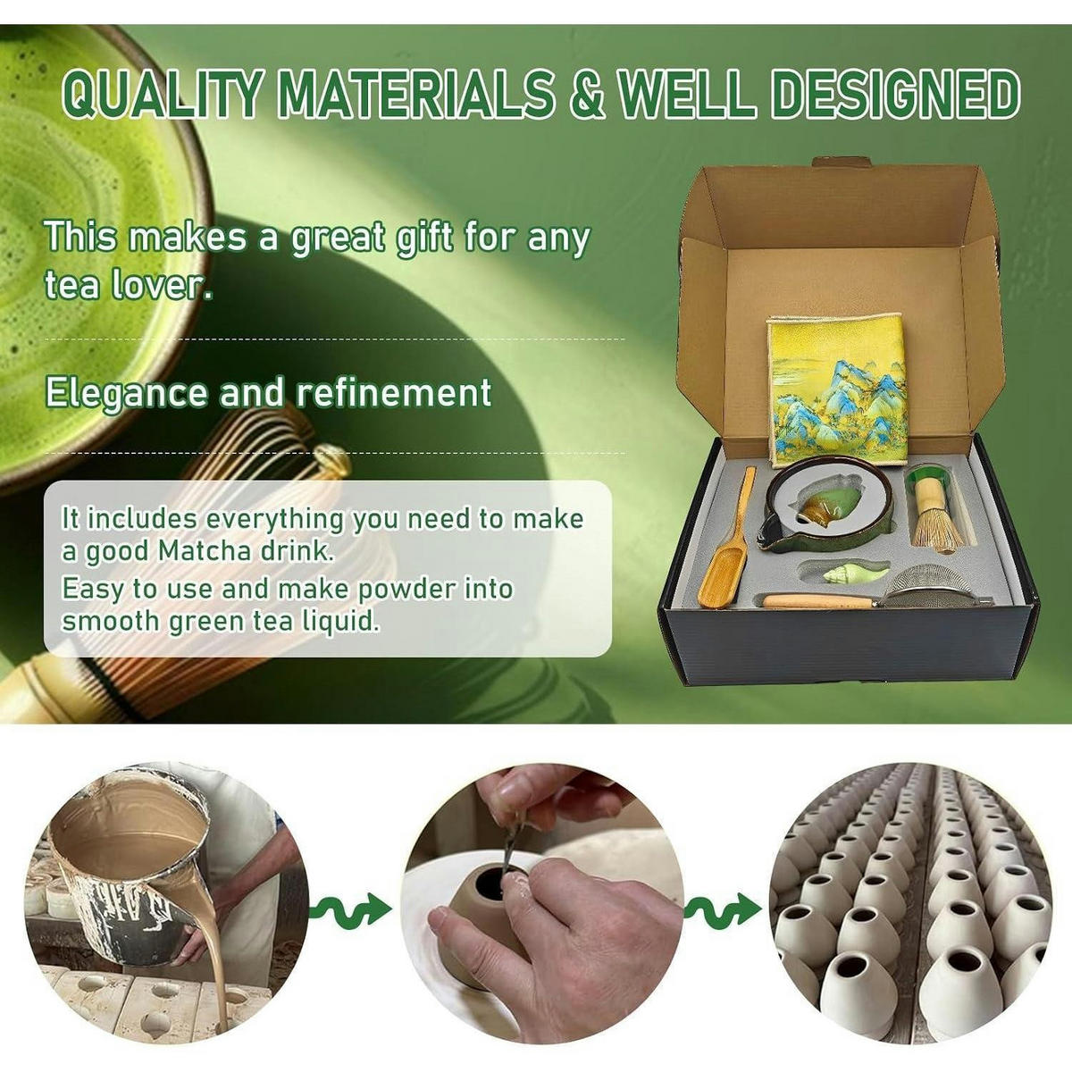 MATCHA Tee Set 9-teiliges Set mit Besen und Schale - Grün, Keramik (14/7/18.5cm)
