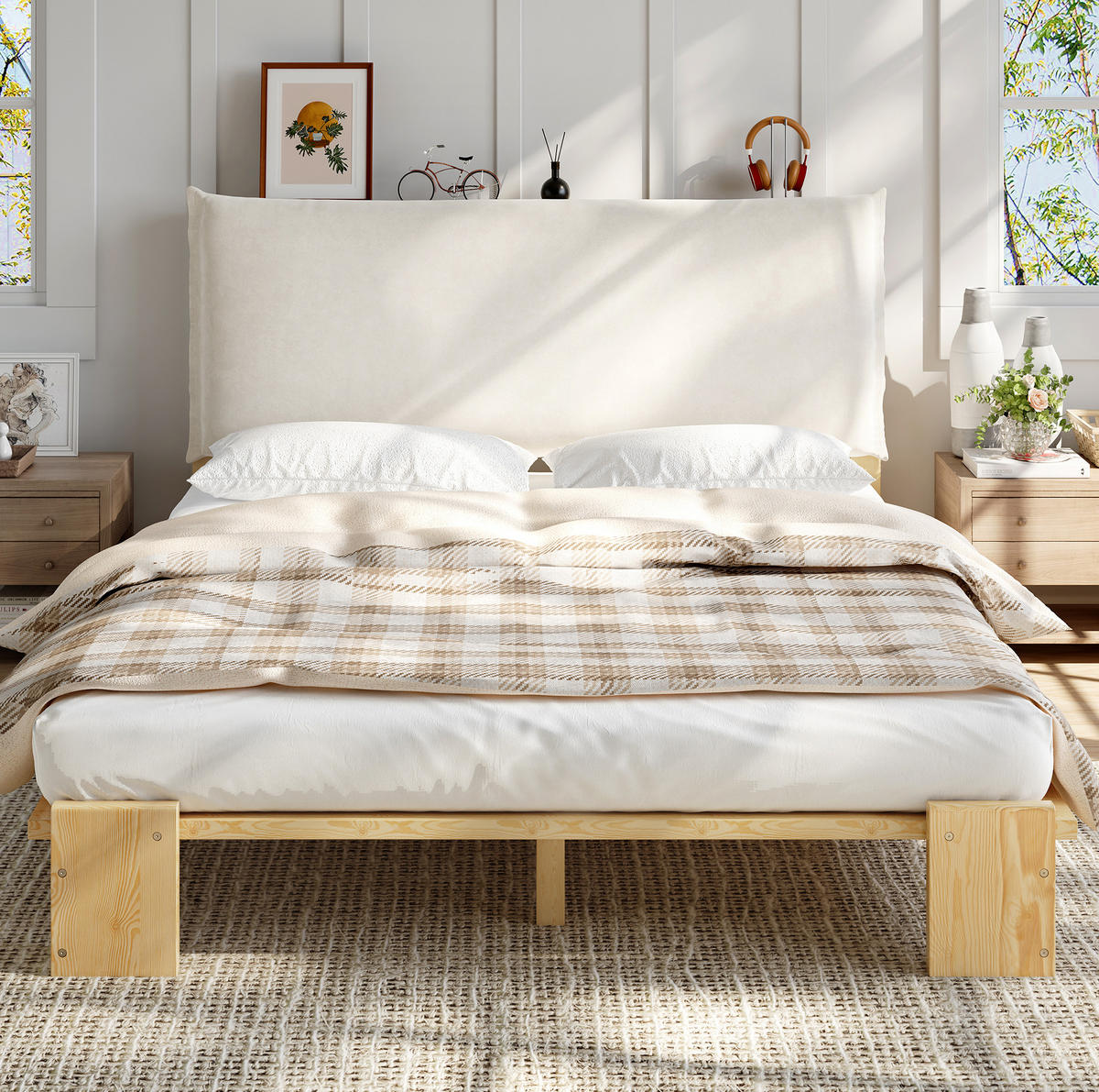 POLSTERBETT 140/200 cm Natur mit gepolsterter Rückenlehne und Lattenrost - Naturfarben, Textil (140/200cm) - Flora Grace