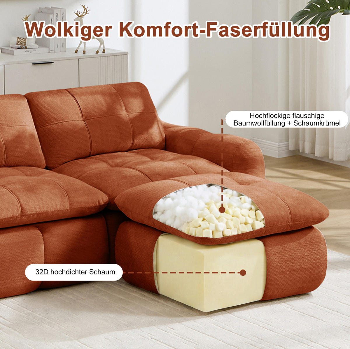 SOFA 264/97/68 cm in Orange, modular mit Chenille-Bezug und Karosteppung - Orange, Textil (97/68/264cm) - Flora Grace