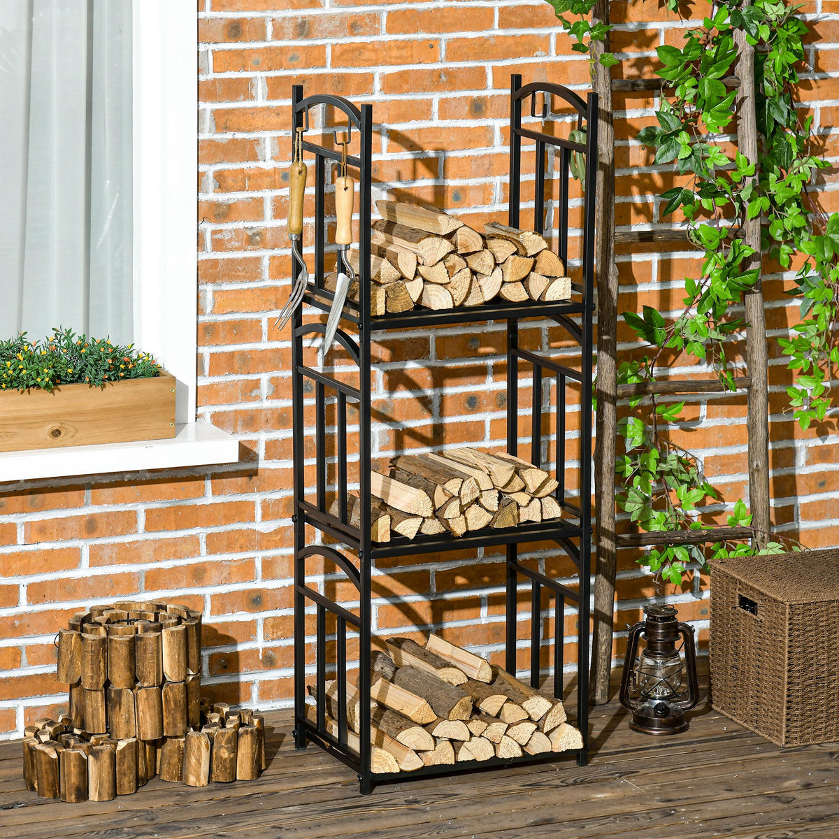 KAMINHOLZREGAL für innen 46 x 32 x 126 cm 3 Ebenen Brennholzregal mit 4 Haken - Schwarz, Metall (32/126/46cm) - Outsunny