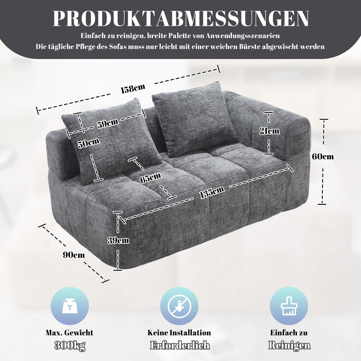 2-SITZER Sofa Chenille mit Chaiselongue und Seitentaschen 158/90/60 cm Grau - Grau, Textil (60/158/90cm) - Redom