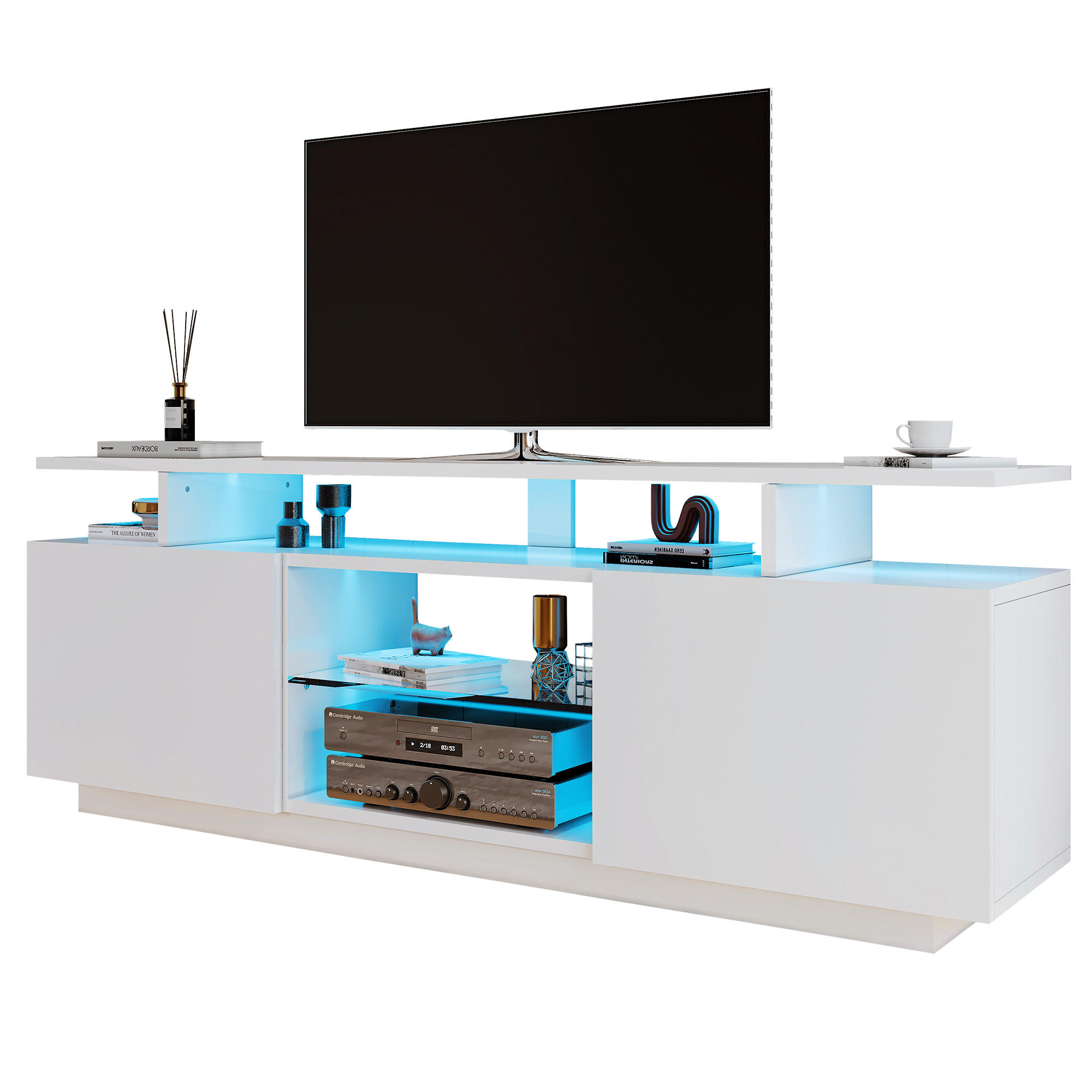 TV-SCHRANK 140/35/55 cm in Weiß aus Spanplatte mit LED-Beleuchtung und Glasfächern - Naturfarben/Weiß, Glas/Holzwerkstoff (140/55/35cm) - CHICFURN
