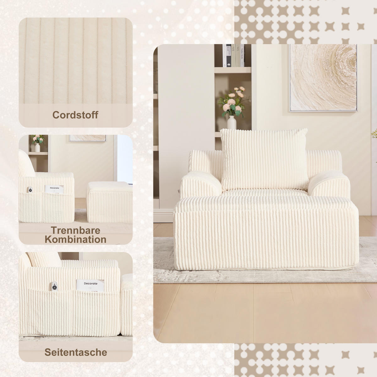 SESSEL mit Hocker in Cord Übergroßer Relaxsessel - Beige, Textil (147/67/110cm) - Urban Meuble
