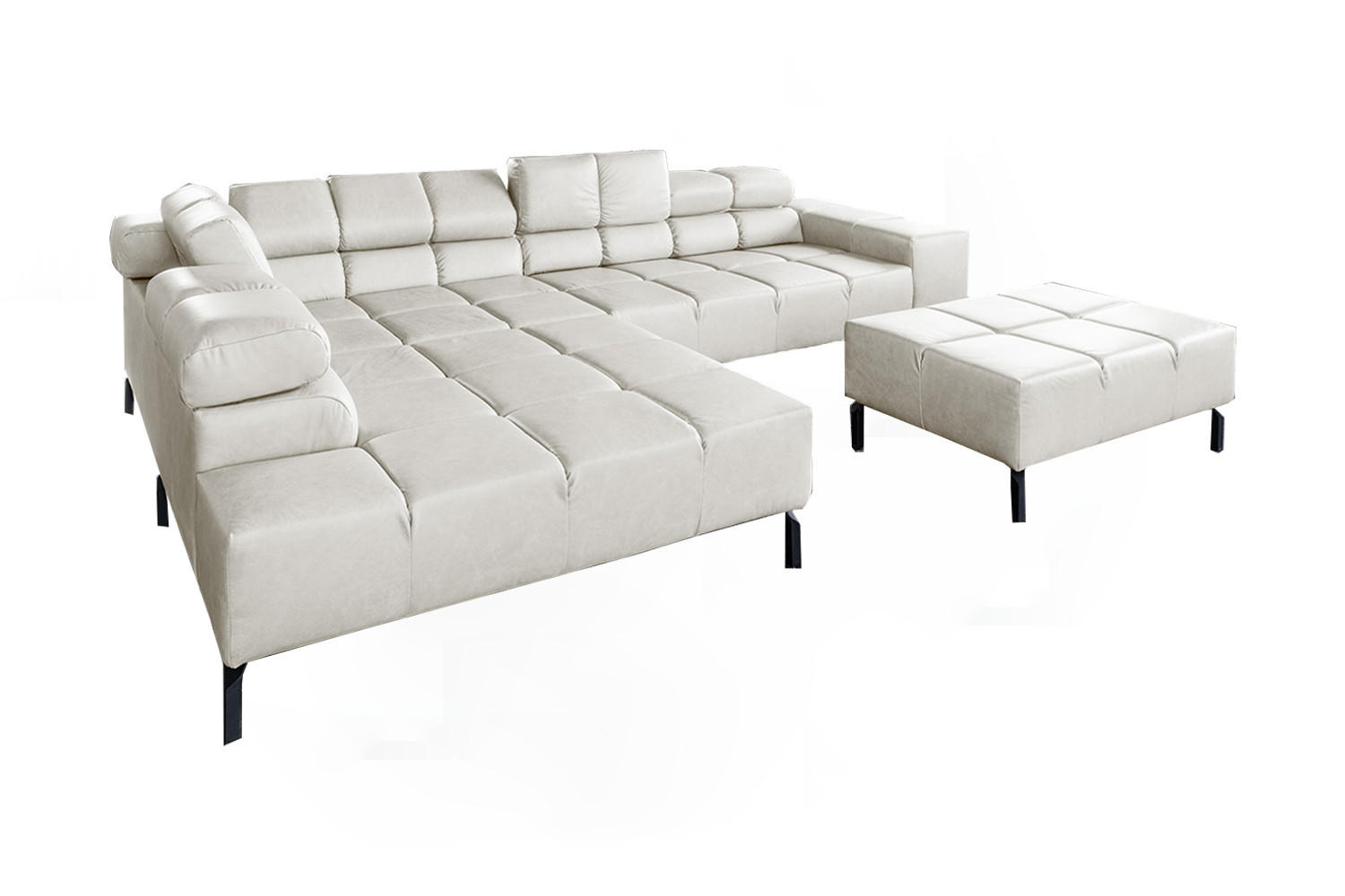 ECKSOFA NELSON Hellgrau Leder Relaxfunktion - Hellgrau/Schwarz, Leder/Metall (321/216cm) - KAWOLA