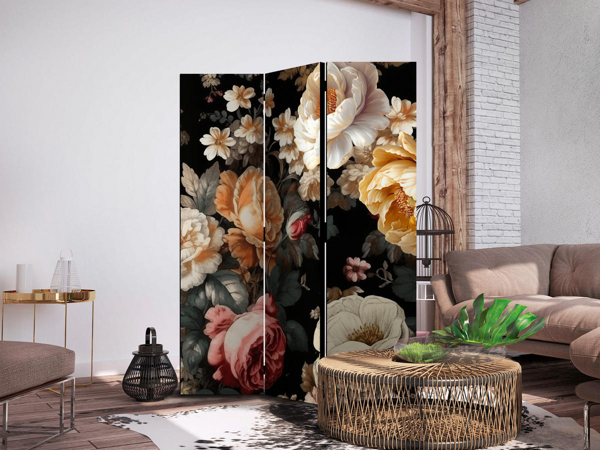 PARAVENT Akustik 3-tlg 135x172 cm Pfingstrosen Retro - Multicolor, Holz/Textil (135/172/3cm) - Muralo