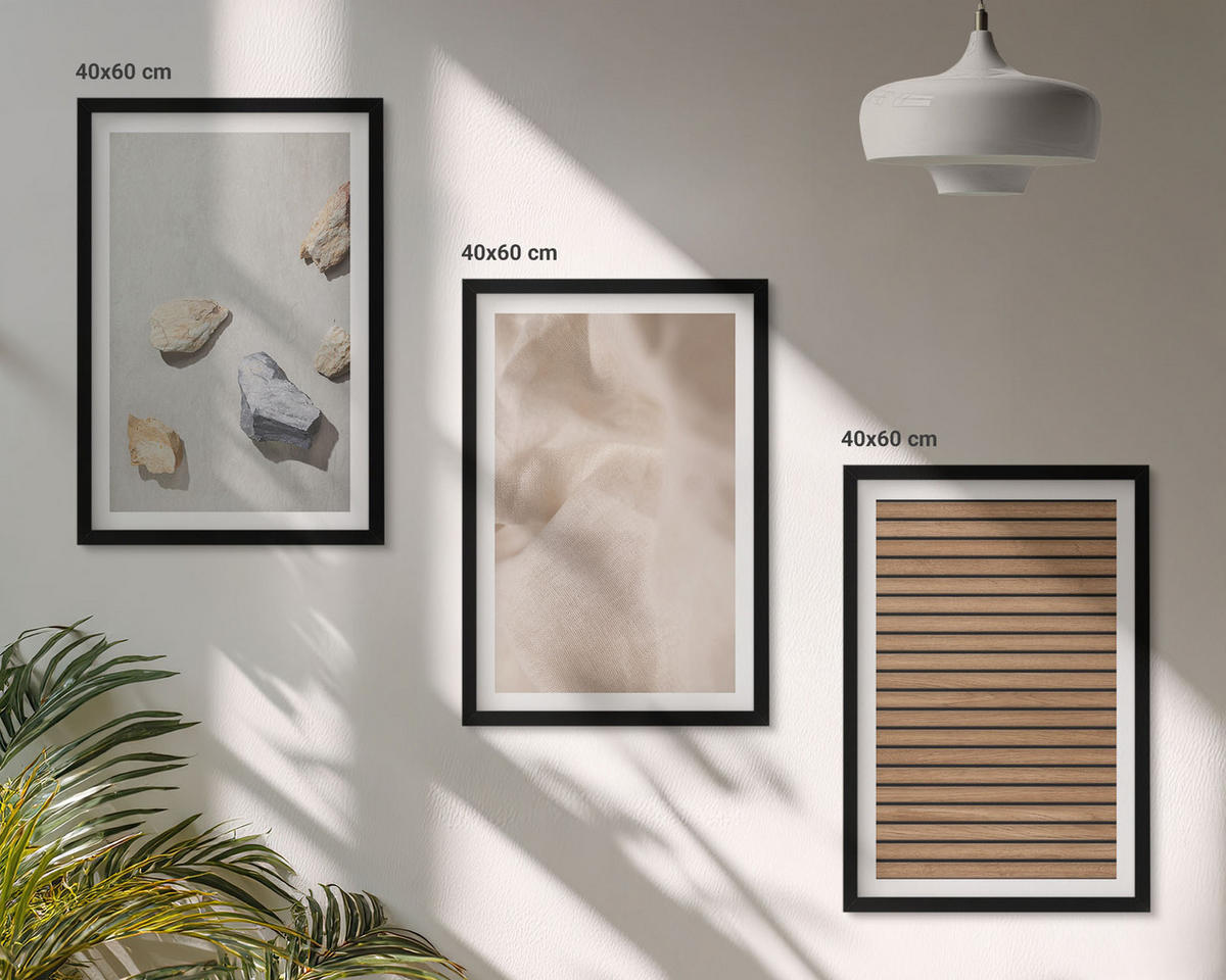 BILDER SET 3er Set - 40x60 cm Schwarzer Rahmen - Steine, Holz, Stofftexturen - Schwarz, Kunststoff (40/60cm) - TULUP