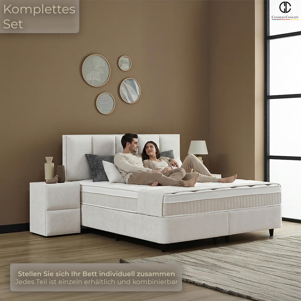 BOXSPRINGBETT MIT BETTKASTEN LUCCA 90/200 cm, Ivory, Bettkasten, Matratze, Topper integriert, H3 mittel - Creme/Schwarz, Holz/Kunststoff (90/200cm) - Consilio Concept