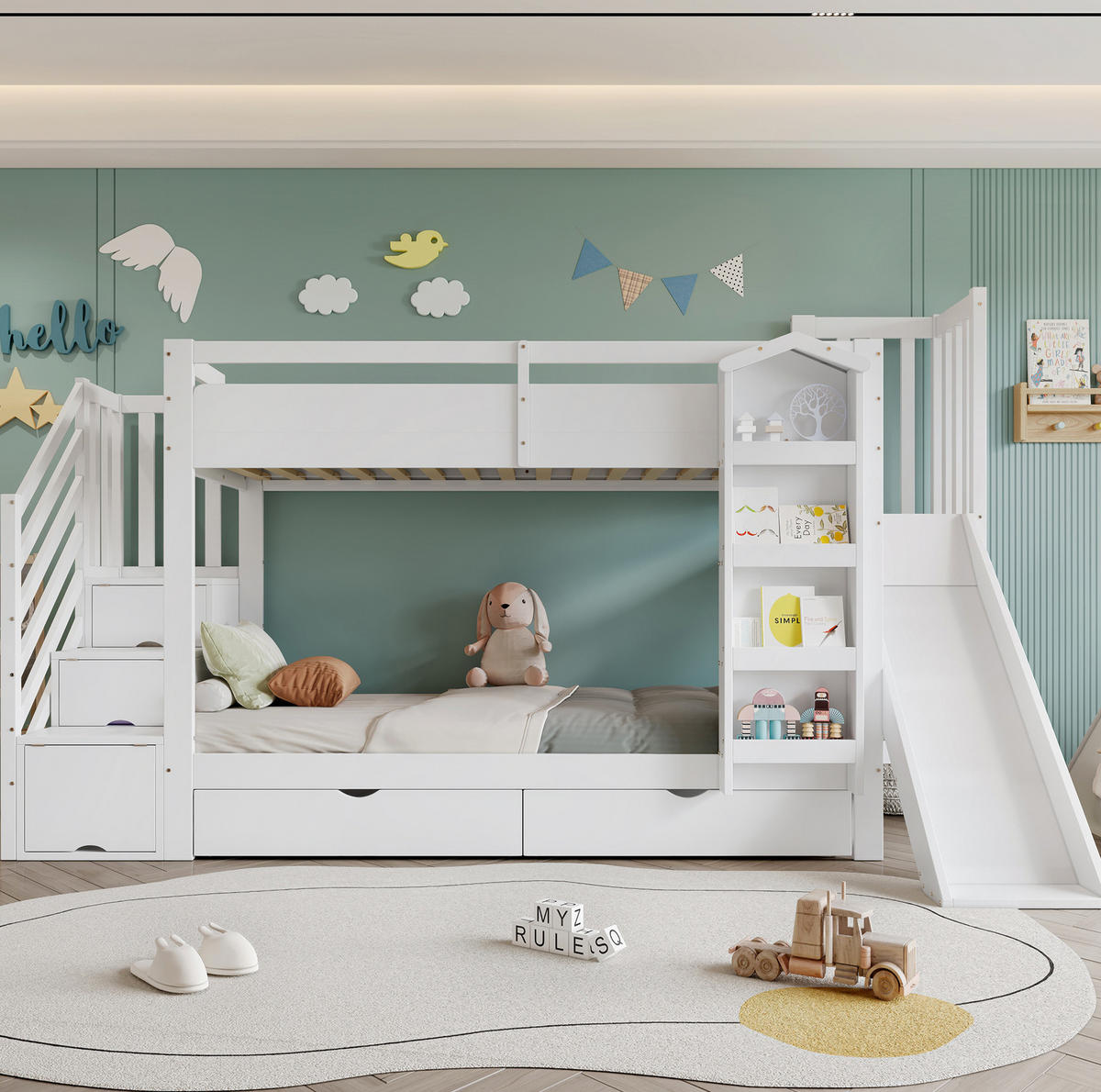 ETAGENBETT aus Kiefer und MDF 90x200 cm Weiß mit Rutsche, Treppenregal, Bilderbuchregal und 2 Schubladen - Weiß, Holzwerkstoff (90/200cm) - Modfu
