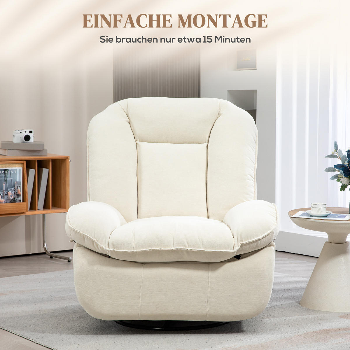 RELAXSESSEL Fernsehsessel mit Liegefunktion, Schaukelfunktion für Wohnzimmer - Creme/Schwarz, Textil/Metall (100/102/104cm) - HOMCOM
